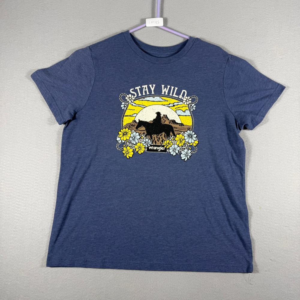 Wrangler Stay Wild Graphic T-Shirt Blue Heather Western Horse Rider Large